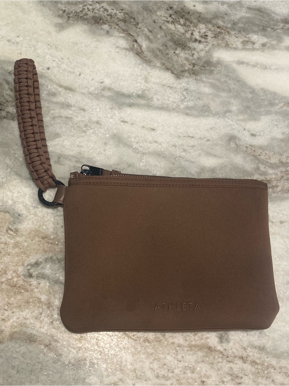 Athleta Revive Zip Pouch Wristlet Deco Taupe Brown EUC